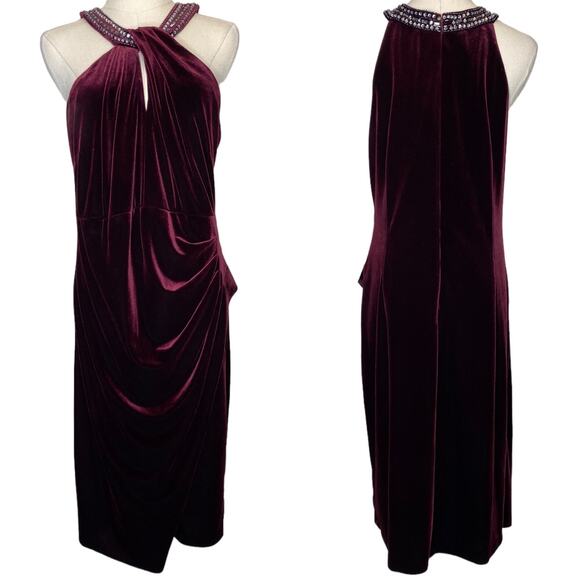 Alex Evenings Velvet Sheath Embellished Beaded Halter Neckline Dress Burgundy 14 - Picture 1 of 5